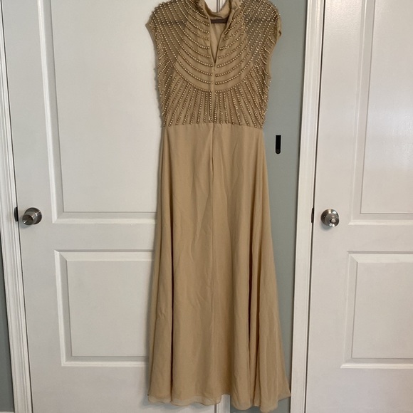 Asos embellished bodice beige dress with high neck and wrap skirt size US 10 - Picture 4 of 11